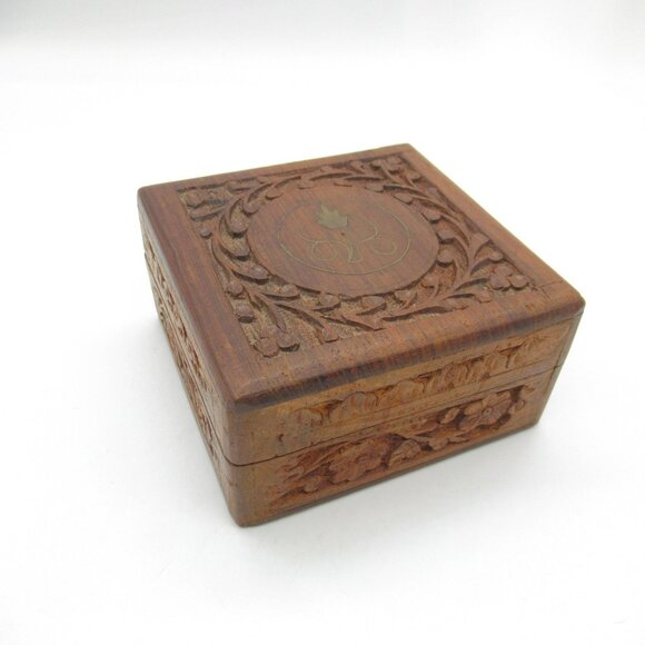 Vintage Hand-Carved Rosewood Stash & Jewelry Box With Brass Inlaid Leaf & Floral - Picture 1 of 13